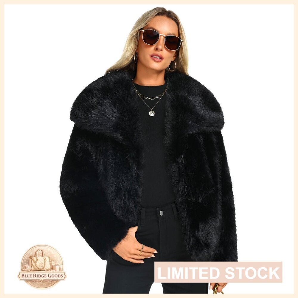 Faux Fur Cropped Jacket with Lapel Collar and Snap Closure